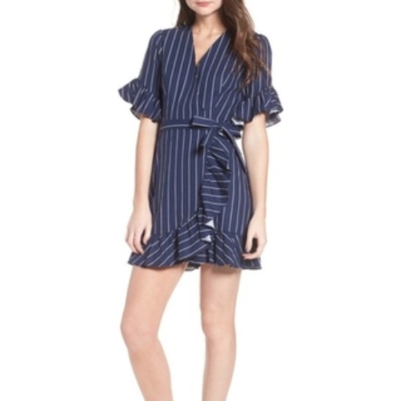 Wayf Dresses & Skirts - New Wayf Kaitlyn Ruffle Wrap Striped Navy Dress